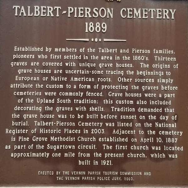 The cemetery was established around 1889 by members of the Talbert and Pierson families, who were early pioneers settling the region during the 1860s. 