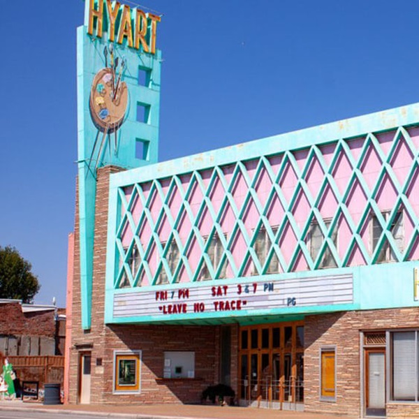 The Hyart Theatre in Lovell is a historic single-screen movie theater that opened in 1950, known for its Art Deco design and neon marquee. 