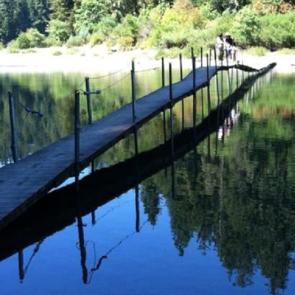 The summer pedestrian bridge over the Smith River connects the famous Stout Grove Trail with the Jedediah Smith Redwoods State Park campground. 