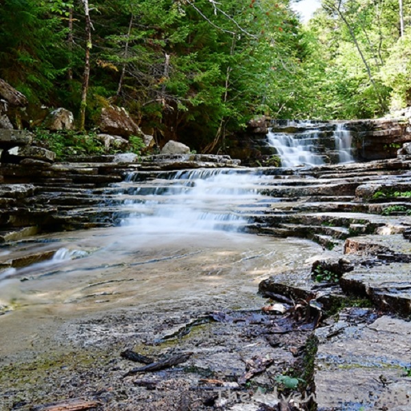 The waterfall gets its namesake from the unique rock steps along Bemis Brook. 
