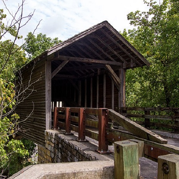 The queen-post pony truss design bridge crosses the East Fork of the Little Pidgeon River. 